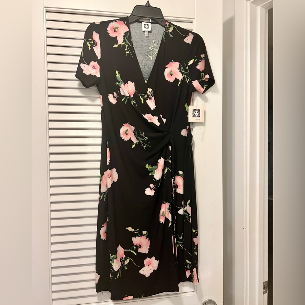 ANNE KLEIN FAUX WRAP DRESS black stretch jersey size 6 m black pink floral bnwt